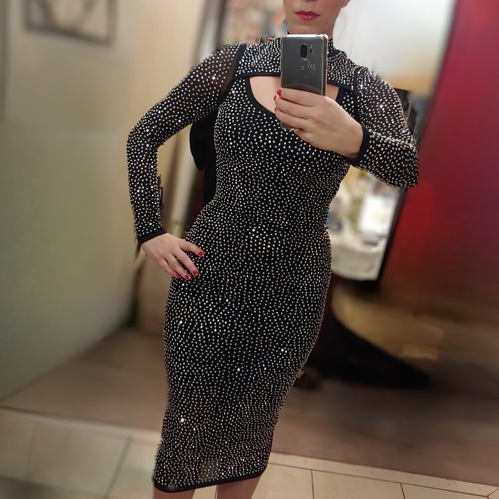 Banjul Black Beaded Midi Dress Long Sleeve Rhinestone Bodycon Medium Bling Party